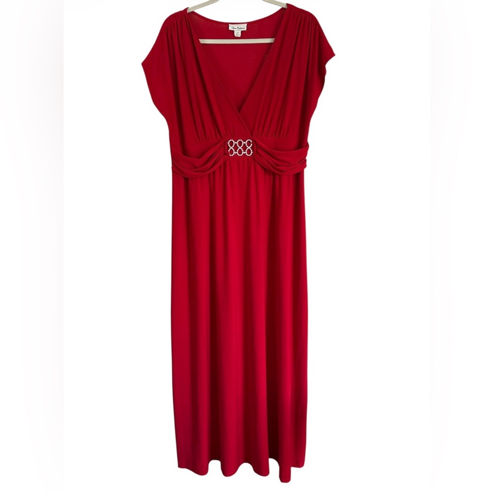 Olivia Matthews Red V-Neck Maxi Dress with Jeweled Waist